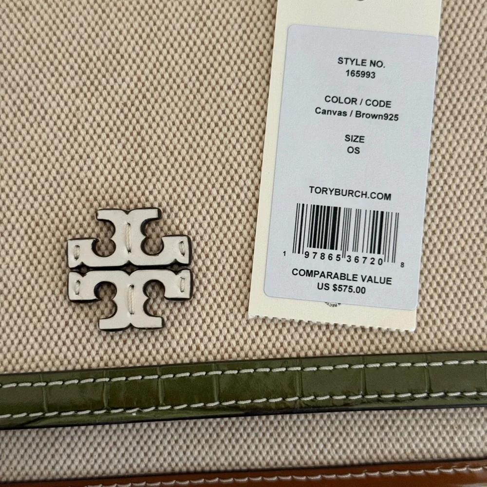 New Tory Burch Thea web flap shoulder bag/crossbody in canvas cream leather trim